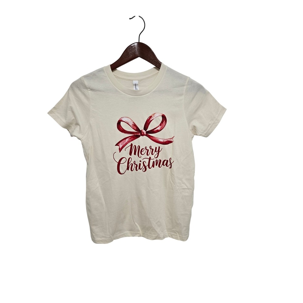 Bella + Canvas Girl's Christmas T-Shirt Beige Holiday Ribbon Tee - Size‎ Large
